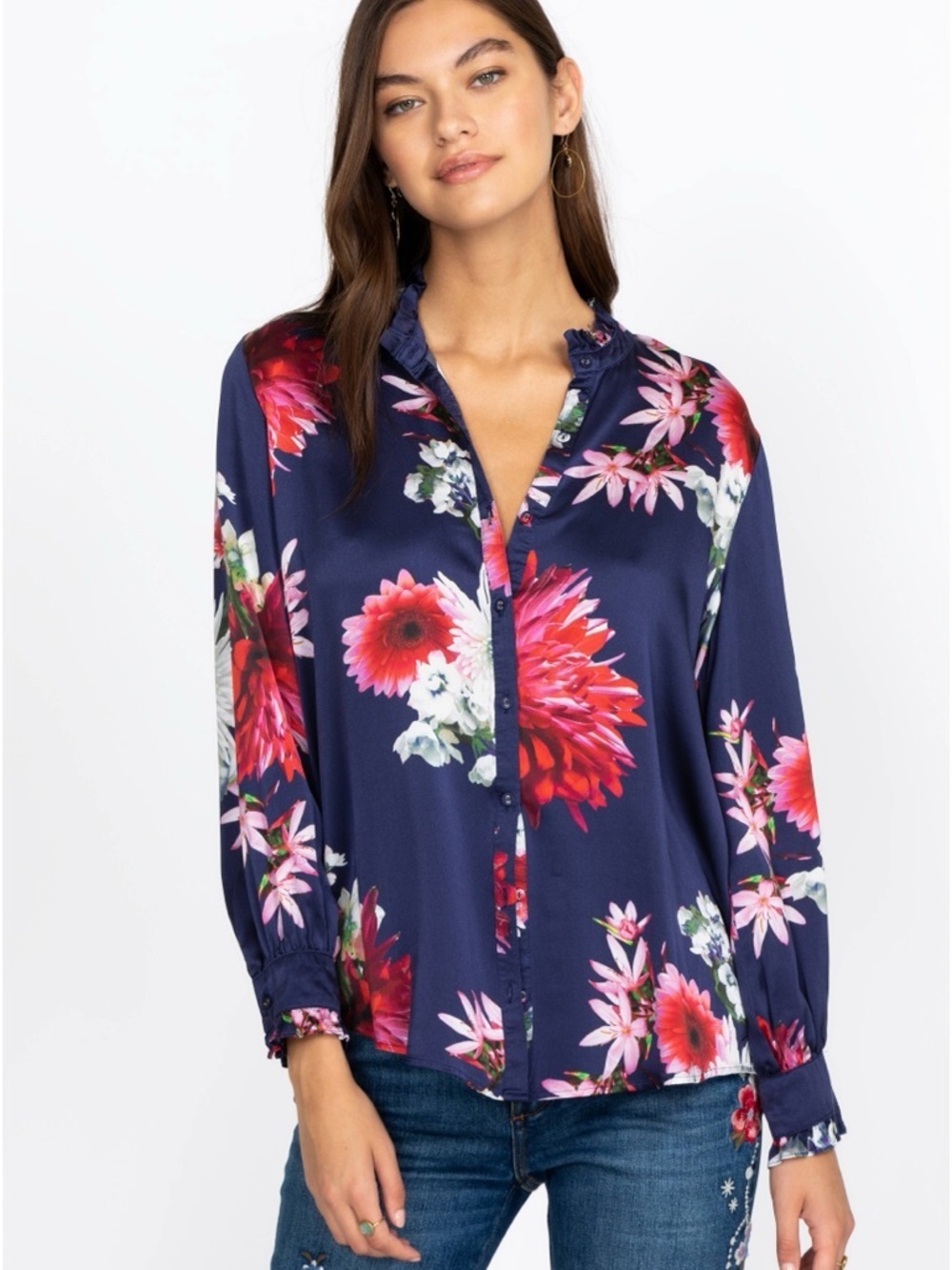 Johnny Was Silk ASTER RUFFLE COLLAR BLOUSE - XS